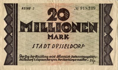 Notgeld Kriegsgeld der Stadt D�sseldorf - 20 000 000 mark - Reihe 2 - n� 918239 - 1 septembre 1923 - face