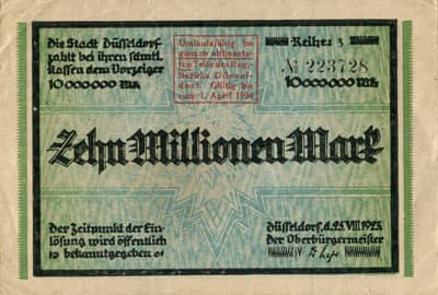 Notgeld Kriegsgeld der Stadt D�sseldorf - 10 000 000 mark - Reihe 3 - n� 223728 - 25 ao�t 1923 - face