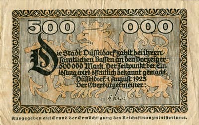 Notgeld Kriegsgeld der Stadt D�sseldorf - 500 000 mark - Reihe 3 - n� 439279 - 1 ao�t 1923 - dos