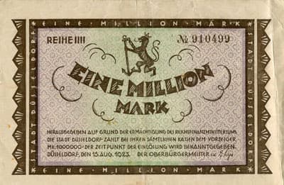 Notgeld Kriegsgeld der Stadt D�sseldorf - 1&nbsp;000&nbsp;000&nbsp;mark - Reihe&nbsp;IIII - n�&nbsp;910499 - 15&nbsp;ao�t&nbsp;1923 - face
