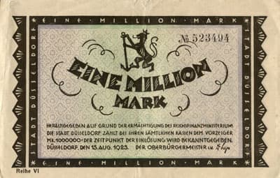 Notgeld Kriegsgeld der Stadt D�sseldorf - 1 000 000 mark - Reihe 6 - n� 523494 - 15 ao�t 1923 - face