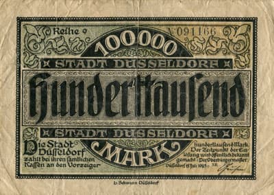 Notgeld Kriegsgeld der Stadt D�sseldorf - 100 000 mark - Reihe 9 - n� 091166 - 15 juillet 1923 - face