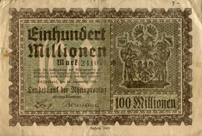 Notgeld D�sseldorf (Rheinprovinz) - 100 000 000 mark - n� 241071 - 15 septembre 1923 - face