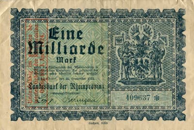 Notgeld D�sseldorf (Rheinprovinz) - 1&nbsp;000&nbsp;000&nbsp;000&nbsp;mark - 20&nbsp;septembre&nbsp;1923 - n�&nbsp;409637 - face