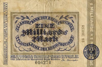 Notgeld D�sseldorf (Rheinprovinz) - 1&nbsp;000&nbsp;000&nbsp;000&nbsp;mark - 15&nbsp;septembre&nbsp;1923 - Reihe&nbsp;23 - n�&nbsp;016274 - face