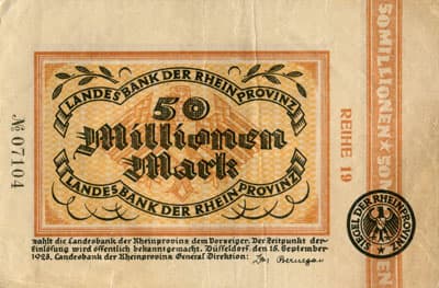 Notgeld D�sseldorf (Rheinprovinz) - 50 000 000 mark - Reihe 19 - n� 07104 - 15 septembre 1923 - face