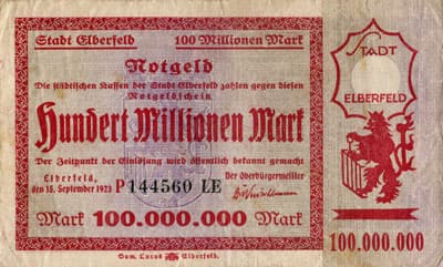 Notgeld der Stadt Elberfeld - 100 000 000 mark - Serie P - n� 144560 LE - 15 septembre 1923 - face