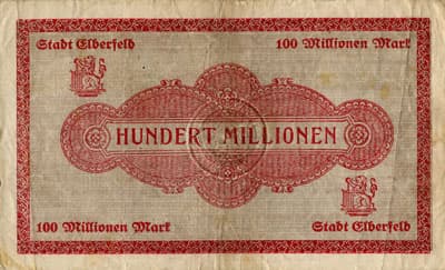 Notgeld der Stadt Elberfeld- 100 000 000 mark - Serie P - n� 144560 LE - 15 septembre 1923 - dos
