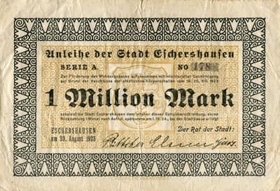 Anleihe der Stadt Eschershausen - 1&nbsp;000&nbsp;000&nbsp;mark - s�rie&nbsp;A - n�&nbsp;178 - 23&nbsp;ao�t&nbsp;1923 - face