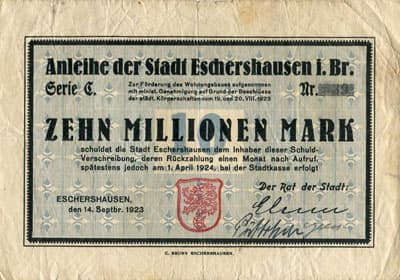 Anleihe der Stadt Eschershausen - 10&nbsp;000&nbsp;000&nbsp;mark - s�rie&nbsp;E - n�&nbsp;39 - 14&nbsp;septembre&nbsp;1923 - face