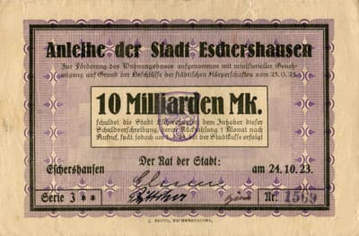Anleihe der Stadt Eschershausen - 10&nbsp;000&nbsp;000&nbsp;000&nbsp;mark - s�rie&nbsp;I - n�&nbsp;1569 - 24&nbsp;octobre&nbsp;1923 - face