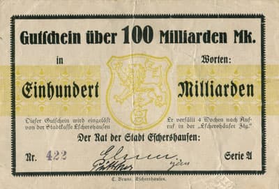 Gutschein der Stadt Eschershausen - 100&nbsp;000&nbsp;000&nbsp;000&nbsp;mark - s�rie&nbsp;A - n�&nbsp;422 - face