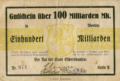 Gutschein der Stadt Eschershausen - 100&nbsp;000&nbsp;000&nbsp;000&nbsp;mark - s�rie&nbsp;A - n�&nbsp;971 - face