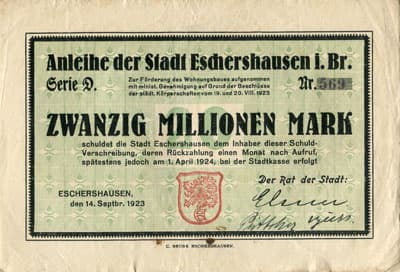 Anleihe der Stadt Eschershausen - 20&nbsp;000&nbsp;000&nbsp;mark - s�rie&nbsp;D - n�&nbsp;569 - 14&nbsp;septembre&nbsp;1923 - face