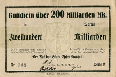 Gutschein der Stadt Eschershausen - 200&nbsp;000&nbsp;000&nbsp;000&nbsp;mark - s�rie&nbsp;B - n�&nbsp;149 - face
