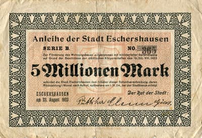 Anleihe der Stadt Eschershausen - 5&nbsp;000&nbsp;000&nbsp;mark - s�rie&nbsp;B - n�&nbsp;365 - 23&nbsp;ao�t&nbsp;1923 - face