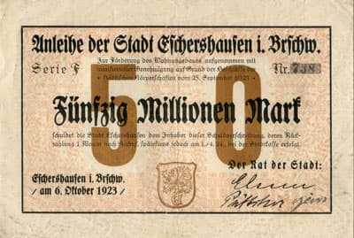 Anleihe der Stadt Eschershausen - 50&nbsp;000&nbsp;000&nbsp;mark - s�rie&nbsp;F - n�&nbsp;738 - 6&nbsp;octobre&nbsp;1923 - face