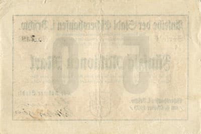 Anleihe der Stadt Eschershausen - 50&nbsp;000&nbsp;000&nbsp;mark - s�rie&nbsp;F - n�&nbsp;738 - 6&nbsp;octobre&nbsp;1923 - dos