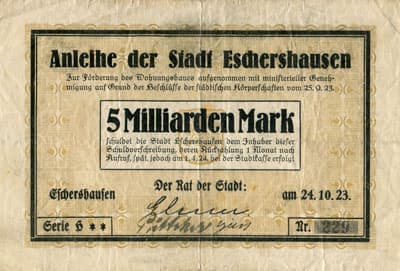 Anleihe der Stadt Eschershausen - 5&nbsp;000&nbsp;000&nbsp;000&nbsp;mark - s�rie&nbsp;H - n�&nbsp;229 - 24&nbsp;octobre&nbsp;1923 - face