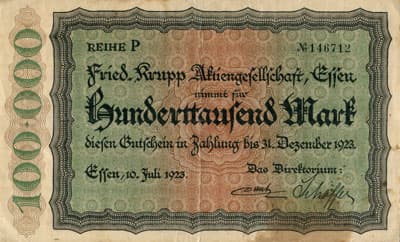 Notgeld Fried.&nbsp;Krupp Aktiengesellschaft - 100&nbsp;000&nbsp;mark - 10&nbsp;juillet&nbsp;1923 - s�rie&nbsp;P - n�&nbsp;146712 - face