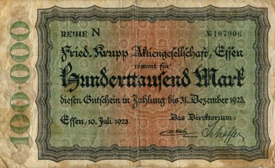 Notgeld Fried.&nbsp;Krupp Aktiengesellschaft - 100&nbsp;000&nbsp;mark - 10&nbsp;juillet&nbsp;1923 - s�rie&nbsp;N - n�&nbsp;107906 - face