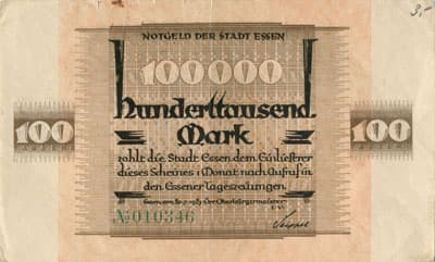Notgeld der Stadt Essen - 100&nbsp;000&nbsp;mark - 20&nbsp;juillet&nbsp;1923 - n�&nbsp;010346 - face