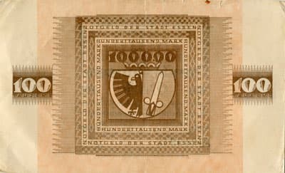 Notgeld der Stadt Essen - 100&nbsp;000&nbsp;mark - 20&nbsp;juillet&nbsp;1923 - n�&nbsp;010346 - dos