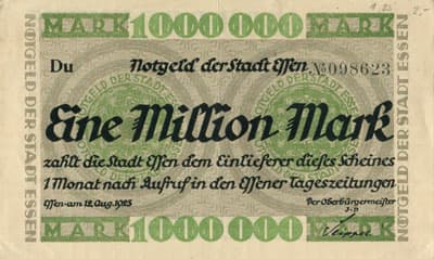 Notgeld der Stadt Essen - 1&nbsp;000&nbsp;000&nbsp;mark - 12&nbsp;ao�t&nbsp;1923 - s�rie&nbsp;Du - n�&nbsp;098623 - face