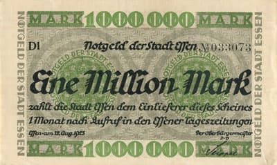 Notgeld der Stadt Essen - 1&nbsp;000&nbsp;000&nbsp;mark - 12&nbsp;ao�t&nbsp;1923 - s�rie&nbsp;Dl - n�&nbsp;033073 - face