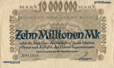 Notgeld der Stadt Essen - 10&nbsp;000&nbsp;000&nbsp;mark - 15&nbsp;ao�t&nbsp;1923 - n�&nbsp;011858 - face