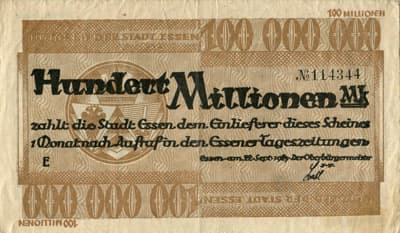 Notgeld der Stadt Essen - 100&nbsp;000&nbsp;000&nbsp;mark - 22&nbsp;septembre&nbsp;1923 - s�rie&nbsp;E - n�&nbsp;114344 - face