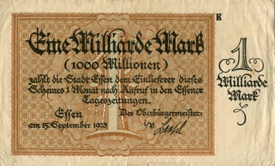Notgeld der Stadt Essen - 1&nbsp;000&nbsp;000&nbsp;000&nbsp;mark - 15&nbsp;septembre&nbsp;1923 - s�rie&nbsp;K - face