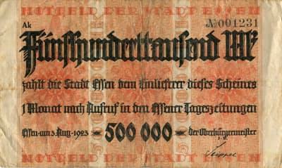 Notgeld der Stadt Essen - 500&nbsp;000&nbsp;mark - 3&nbsp;ao�t&nbsp;1923 - s�rie&nbsp;Ak - n�&nbsp;001231 - face