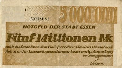 Notgeld der Stadt Essen - 5&nbsp;000&nbsp;000&nbsp;mark - 19&nbsp;ao�t&nbsp;1923 - s�rie&nbsp;H - n�&nbsp;048681 - face