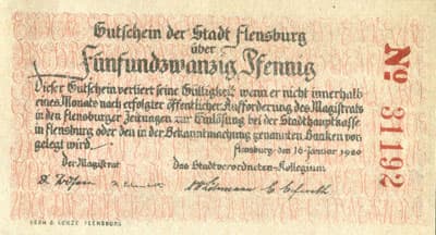 Notgeld der Stadt Flensburg (Schleswig-Holstein - Allemagne) - 25 pfennige n�&nbsp;31192 - 16&nbsp;janvier&nbsp;1920 - face