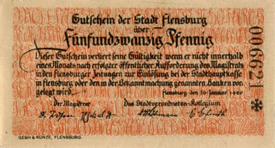 Notgeld der Stadt Flensburg (Schleswig-Holstein - Allemagne) - 25 pfennige n�&nbsp;006621 - 16&nbsp;janvier&nbsp;1920 - face
