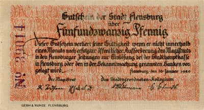 Notgeld der Stadt Flensburg (Schleswig-Holstein - Allemagne) - 25 pfennige n�&nbsp;39014 - 16&nbsp;janvier&nbsp;1920 - face