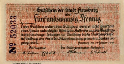 Notgeld der Stadt Flensburg (Schleswig-Holstein - Allemagne) - 25 pfennige n�&nbsp;52033 - 16&nbsp;janvier&nbsp;1920 - face