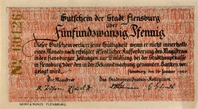 Notgeld der Stadt Flensburg (Schleswig-Holstein - Allemagne) - 25 pfennige n�&nbsp;60126 - 16&nbsp;janvier&nbsp;1920 - Ajout de 14&nbsp;M�rz&nbsp;1920 - face