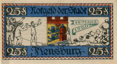 Notgeld der Stadt Flensburg (Schleswig-Holstein - Allemagne) - 25 pfennige n�&nbsp;60126 - 16&nbsp;janvier&nbsp;1920 - Ajout de 14&nbsp;M�rz&nbsp;1920 - dos