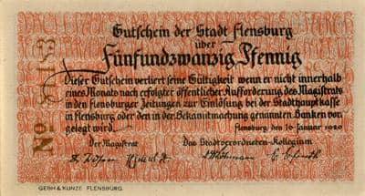 Notgeld der Stadt Flensburg (Schleswig-Holstein - Allemagne) - 25 pfennige n�&nbsp;81183 - 16&nbsp;janvier&nbsp;1920 - Ajout de 14&nbsp;M�rz&nbsp;1920 - face