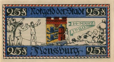 Notgeld der Stadt Flensburg (Schleswig-Holstein - Allemagne) - 25 pfennige n�&nbsp;81183 - 16&nbsp;janvier&nbsp;1920 - Ajout de 14&nbsp;M�rz&nbsp;1920 - dos
