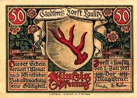 Notgeld Forst Lausitz (Brandenburg - Allemagne) - 50 pfennige - �mission du 1er juillet 1921 - dos