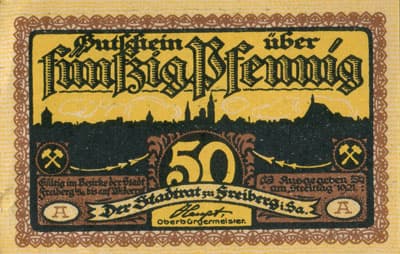 Gutschein der Stadt zu Freiberg&nbsp;i/Sa. (Sachsen - Allemagne ) - 50 pfennige 1921&nbsp;A - face