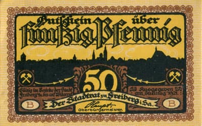 Gutschein der Stadt zu Freiberg&nbsp;i/Sa. (Sachsen - Allemagne ) - 50 pfennige 1921&nbsp;B - face