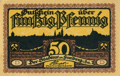 Gutschein der Stadt zu Freiberg&nbsp;i/Sa. (Sachsen - Allemagne ) - 50 pfennige 1921&nbsp;D - face