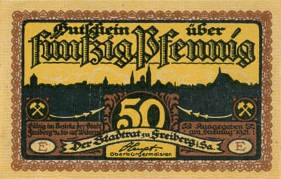 Gutschein der Stadt zu Freiberg&nbsp;i/Sa. (Sachsen - Allemagne ) - 50 pfennige 1921&nbsp;E - face