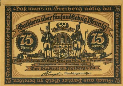Gutschein der Stadt zu Freiberg&nbsp;i/Sa. (Sachsen - Allemagne ) - 75 pfennige 1921 - #1 Abschied. Ade, nun Ade! herzliebte mein! Und da drunten im tiefen, finstren Schacht bei der Nacht da denk ich dein. - face