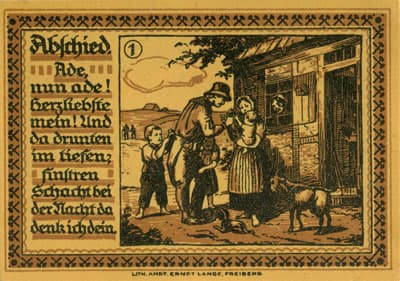 Gutschein der Stadt zu Freiberg&nbsp;i/Sa. (Sachsen - Allemagne ) - 75 pfennige 1921 - #1 Abschied. Ade, nun Ade! herzliebte mein! Und da drunten im tiefen, finstren Schacht bei der Nacht da denk ich dein. - dos