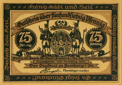Gutschein der Stadt zu Freiberg&nbsp;i/Sa. (Sachsen - Allemagne ) - 75 pfennige 1921 - #3 Einfahrt. Schon angez�nd't! das gibt seinen Schein, und damit nun fahren wir bei der Nacht in's Bergwerk ein. - face